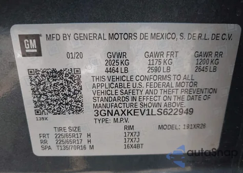 2020 Chevrolet Equinox Fwd Lt 1.5L Turbo из США, поврежденный, VIN 3GNAXKEV1LS622949